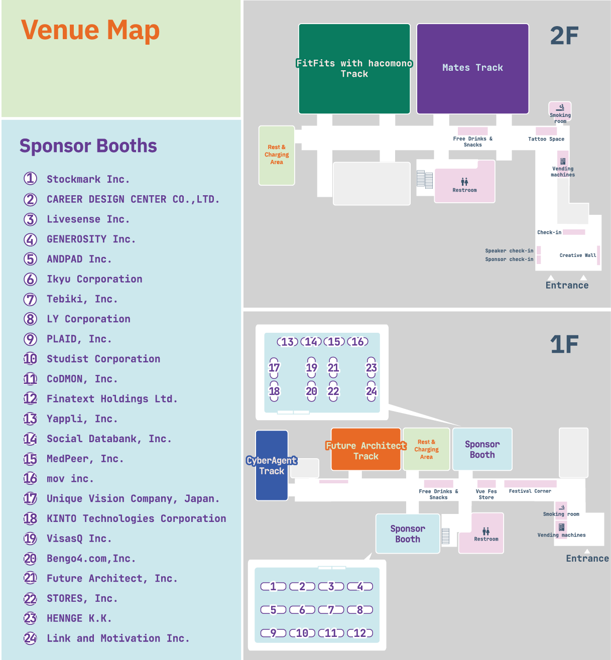 A floor map of the venue. The first floor includes the Sponsor Booth, the CyberAgent Track, and the Future Architect Track. The second floor features the mates Track and the FitFits with hacomono Track. The map shows the locations of the entrance, reception, and rest areas.